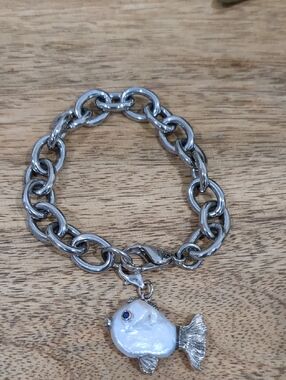 Baroque Pearl Fish Charm Bracelet - Stainless Steel Bracelet